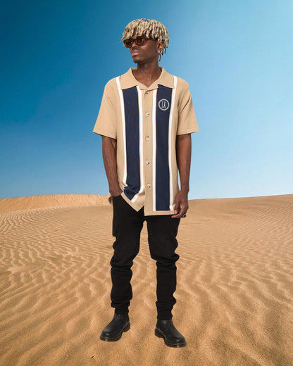 Last Kings Chain Stripe Knit Button Up Sand/Navy