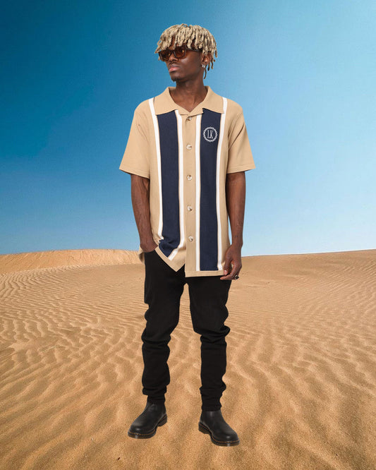 Last Kings Chain Stripe Knit Button Up Sand/Navy