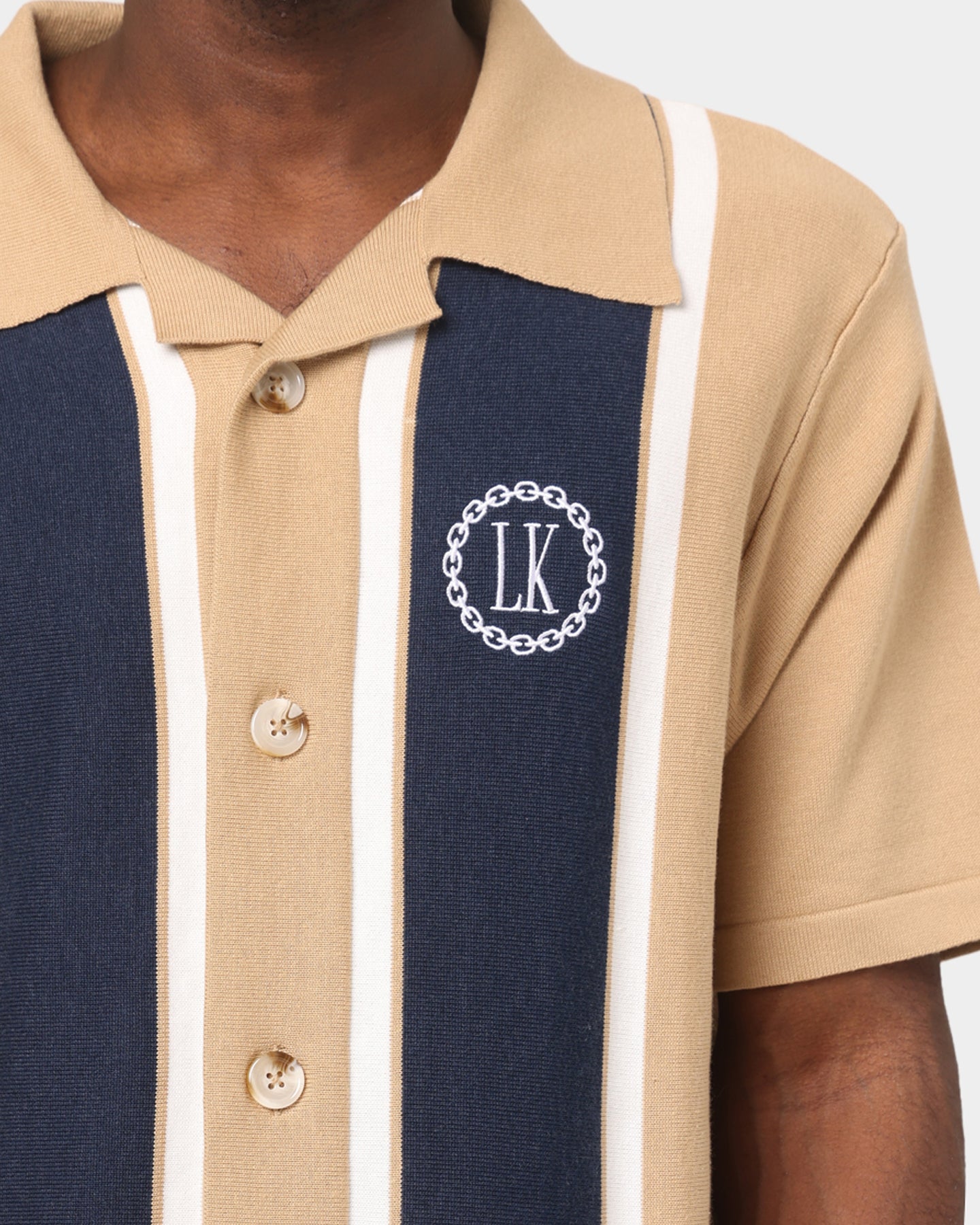 Last Kings Chain Stripe Knit Button Up Sand/Navy