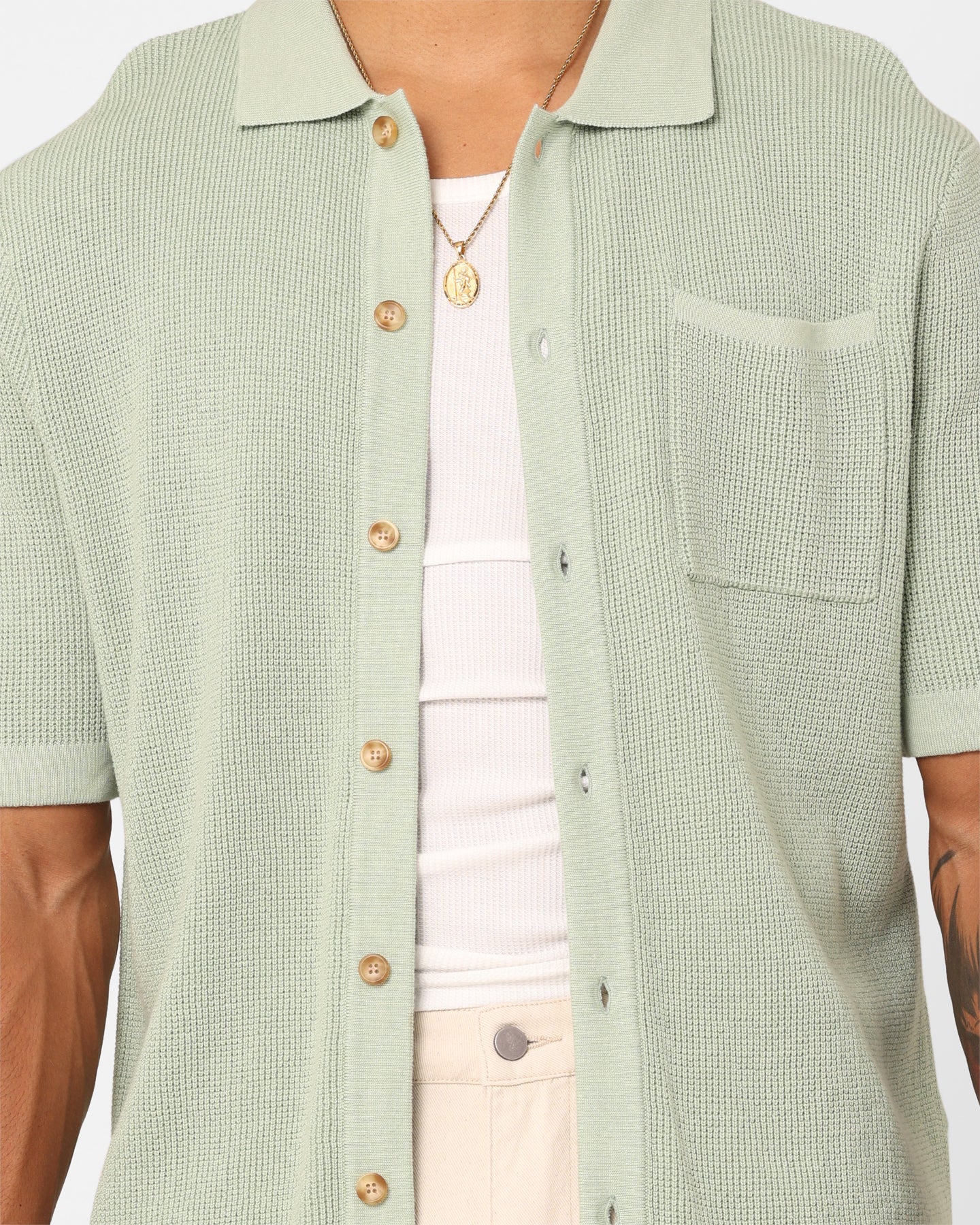 XXIII Zyair Knit Rib Button Up Shirt Sage