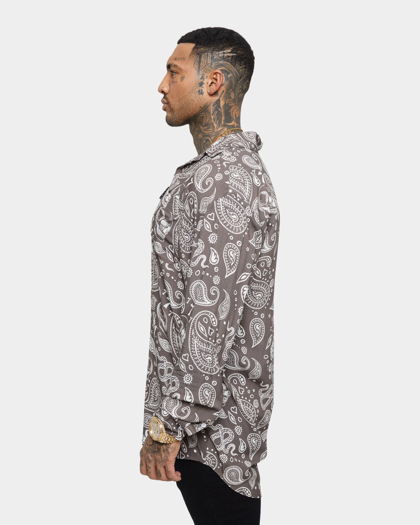 Saint Morta Paisley Skulls Long Sleeve Button Up Shirt Vintage Brown