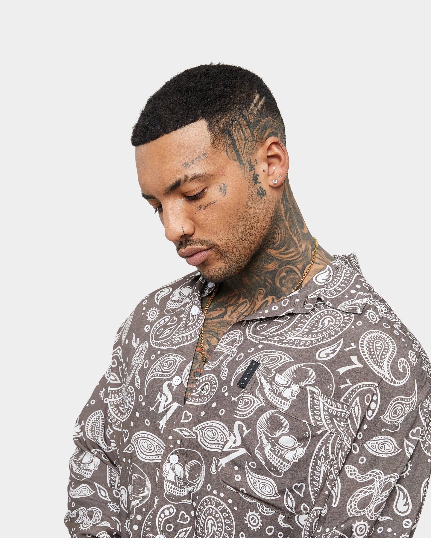 Saint Morta Paisley Skulls Long Sleeve Button Up Shirt Vintage Brown