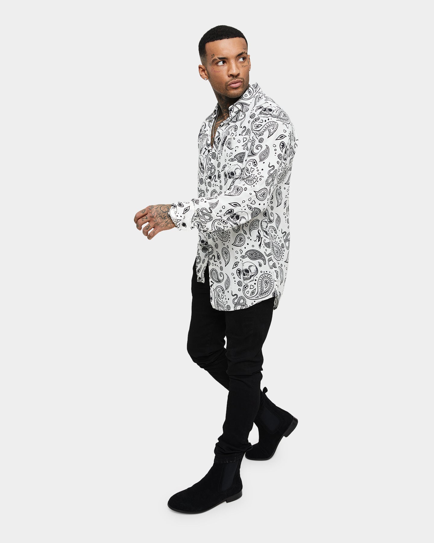 Saint Morta Paisley Skulls Long Sleeve Button Up Shirt White/Black