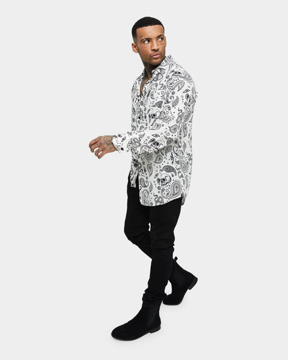 Saint Morta Paisley Skulls Long Sleeve Button Up Shirt White/Black