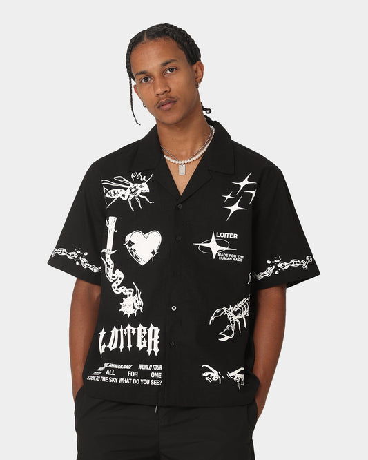 Loiter Tattoo Button Up Shirt Black