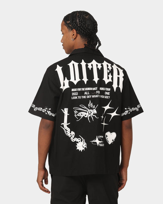 Loiter Tattoo Button Up Shirt Black
