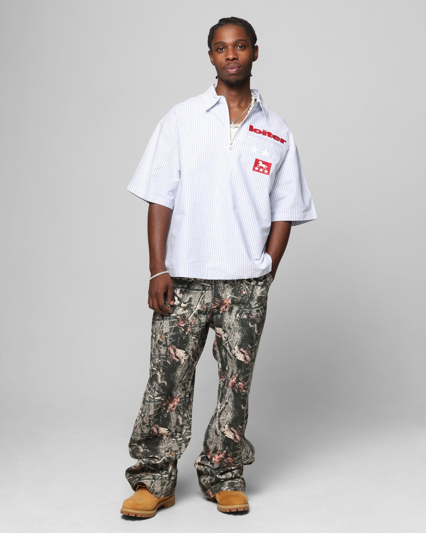 Loiter Rodeo Quarter Zip Up Shirt Blue Pin Stripe