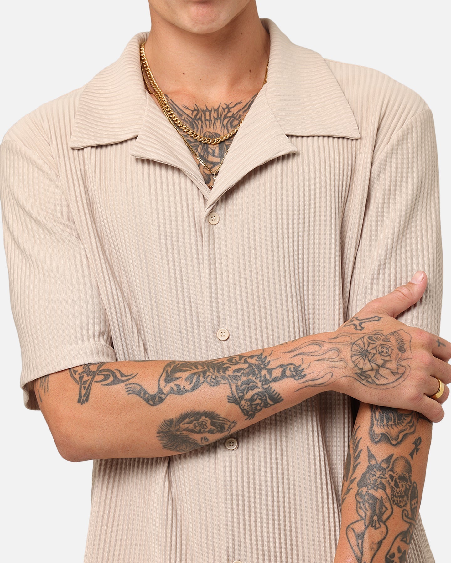 XXIII Pleated Button Up Shirt Tan