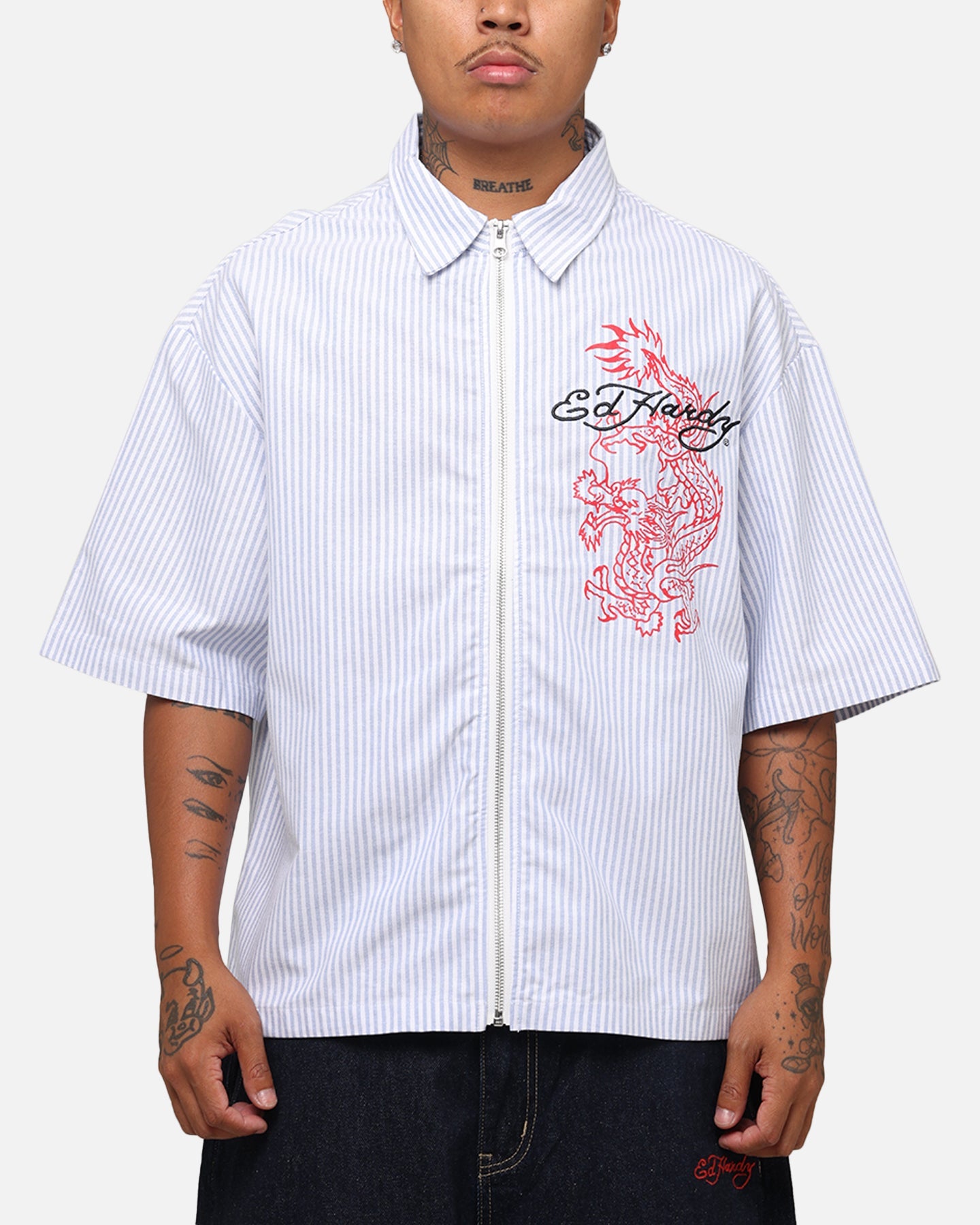Ed Hardy Dragon Zip Shirt Blue Pin Stripe