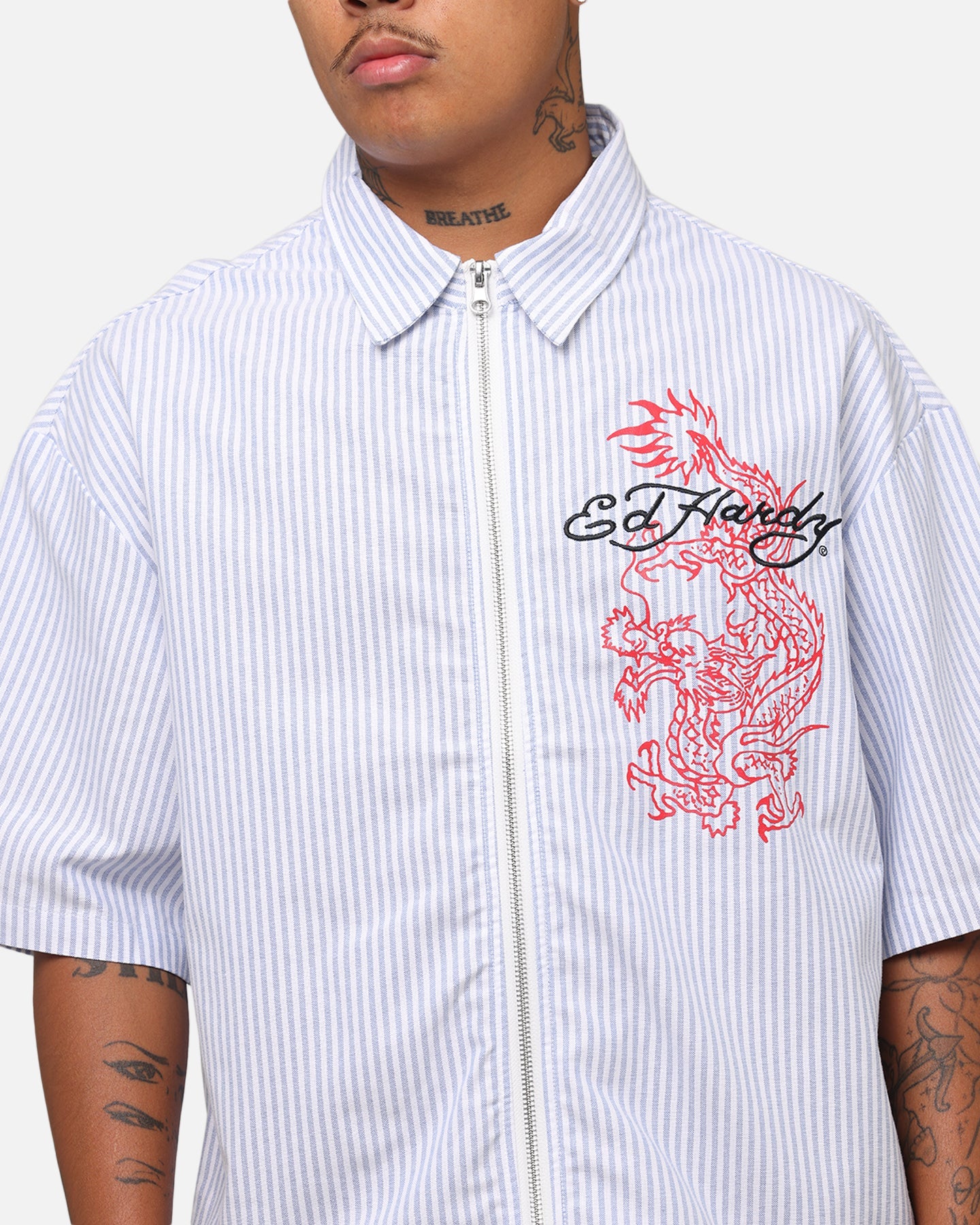 Ed Hardy Dragon Zip Shirt Blue Pin Stripe